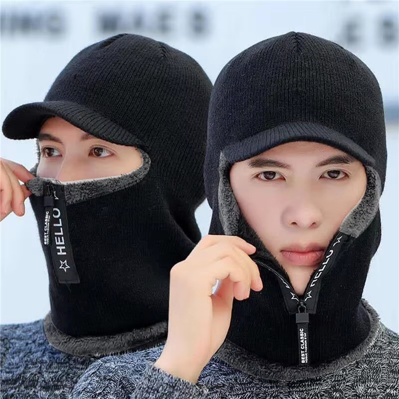 Wool Scarf Men - หมวกไหมพรมกันหนาวสำหรับผู้ชาย หมวกป้องกันหูสำหรับกิจกรรมกลางแจ้ง หมวกถักไหมพรมหนานุ่มสำหรับปั่นจักรยาน พร้อมผ้าพันคอ ป้องกันลม