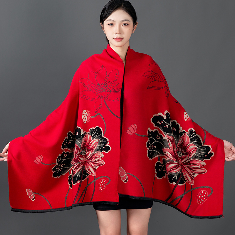 Shawl Wrap Winter - ผู้หญิงฤดูหนาวผ้าคลุมไหล่ผ้าพันคอผ้าพันคอผ้าพันคอดอกไม้พิมพ์ผ้าคลุมไหล่ Pashmina ผ้าพันคออบอุ่นหนาผ้าห่มเดินทางหญิงทั้งหมด Echarpe