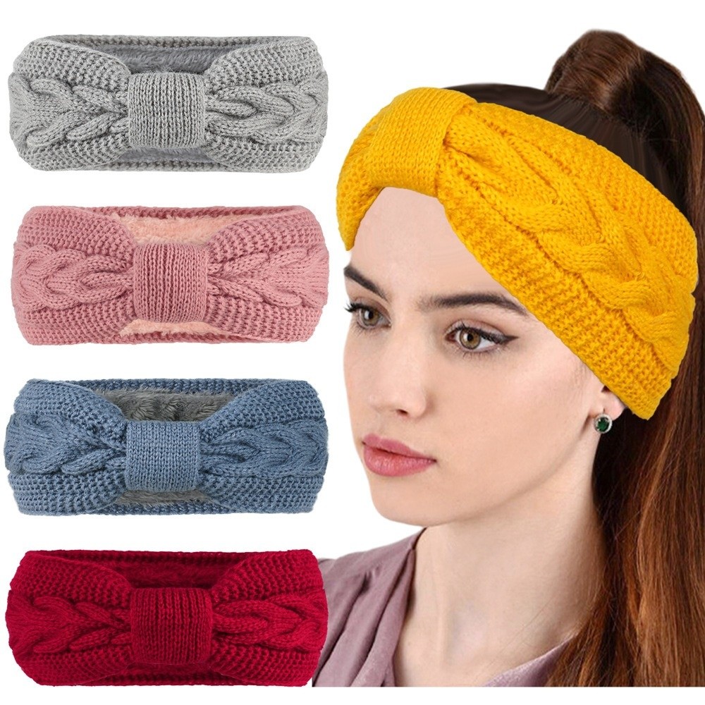 Winter Headband Fleece - ที่คาดผมถักไหมพรมสำหรับผู้หญิงสำหรับฤดูหนาว บุขนแกะหนานุ่ม ถักโครเชต์แบบผ้าโพกหัว อุ่นสบาย ผูกปม ป้องกันหู