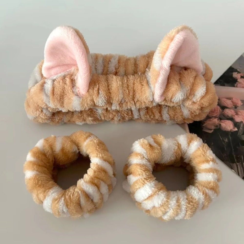 Winter Headband Fleece - 3 ชิ้น/เซ็ตเสือดาวพิมพ์น่ารักแมวหูตุ๊กตาHeadband Elastic Soft Wash Face