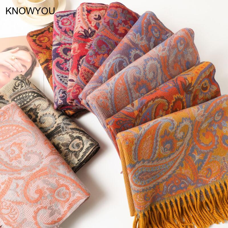 Cashmere Pashmina Wrap - ผ้าคลุมศีรษะแบบกลับด้านได้ ผลิตจากผ้าแคชเมียร์ผสม ให้ความอบอุ่น สไตล์ชาติพันธุ์ ลายแจ็คการ์ด ผ้าพันคอ